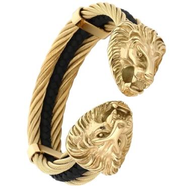 Imagem de Klapgo Pulseira masculina de ouro, cabeça de leão viking, aço inoxidável 316, couro aberto, corrente de couro e corda gótica, vintage, totem de animal