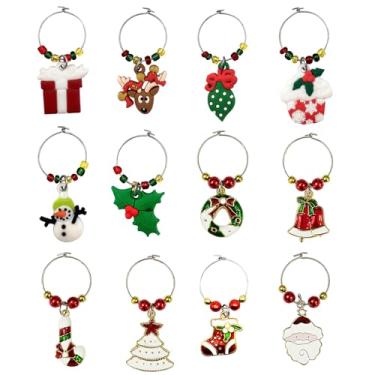 Imagem de Conjunto de 12 peças temáticas de Natal com pingentes de vinho e taças de vinho, decoração de festa e degustação de vinho, caixa de presente, Dourado