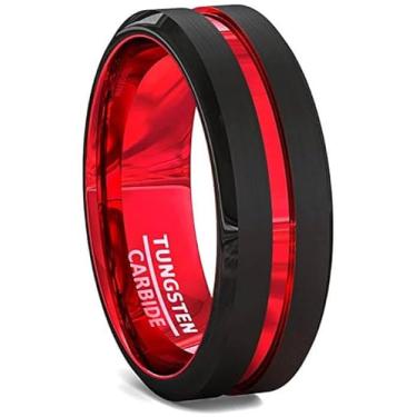 Imagem de QUEENWISH Anel masculino de carboneto de tungstênio de 6 mm/8 mm – acabamento fosco preto com sulco banhado a vermelho ou verde, borda chanfrada aliança de casamento para homens, anel de noivado ou