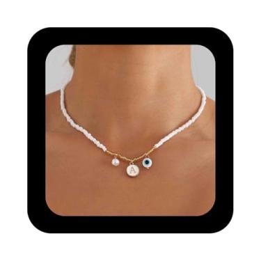 Imagem de Vacaonio Colar boêmio com inicial de contas, corrente com pingente de letra inicial e letra e moeda, colar gargantilha com contas brancas, colar de olho turco, colar de praia de verão para mulheres,