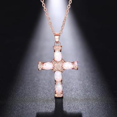 Imagem de Colar com pingente em forma de cruz para mulheres, banhado a prata, oval, opala embutida, ajustável, moderno, joia delicada, presente, One Size, Cobre, Sem Pedra Preciosa