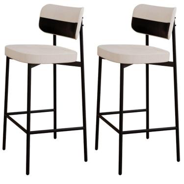 Imagem de Kit 02 Banquetas Alta Bar Cozinha Sala De Jantar Aço Preto Kaira C01 Linho Palha Courino Preto - Lyam Decor