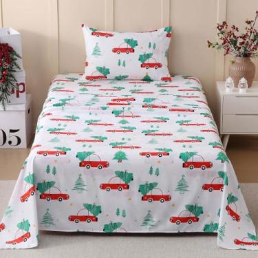 Imagem de JSD Jogo de lençol solteiro com estampa natalina de carros vermelhos, 3 peças, microfibra macia, com bolso profundo