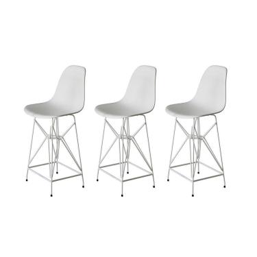 Imagem de Kit 3 Banquetas Bistrô Alta Eames Eiffel Branca Base Ferro Branco - Cor: Branco