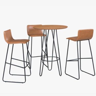 Imagem de Conjunto Mesa Bistrô Dubai Tampo Madeira Com 3 Banquetas Em Couro Caramelo E Metal Preto