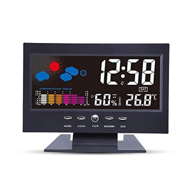 Imagem de Relógio de Alarme Multifuncional com Tela LCD Luz Fundo Digital Mostrando Data Semana Temperatura Umidade Clima Adequado para Uso em Casa e Escritório