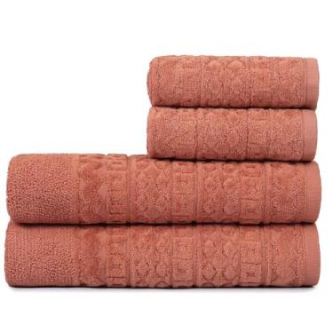 Imagem de Toalha de Banho Gigante, Jogo/Kit 4 Toalhas (2 Banho + 2 Rosto) Macia Algodão Luxo Barra Aveludada Alta Absorção(Telha)