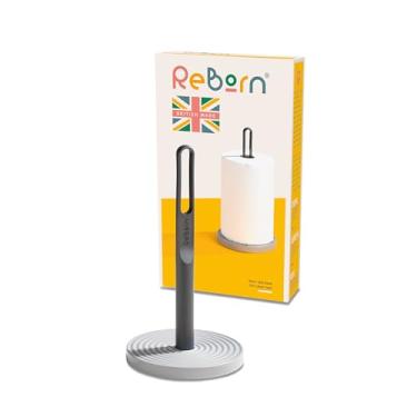 Imagem de ReBorn - Suporte de rolo de cozinha reciclado - Suporte de toalha de papel de cozinha - Alça com orifício de dedo - Base antiderrapante - Elegante e funcional - Feito na Grã-Bretanha (cinza)