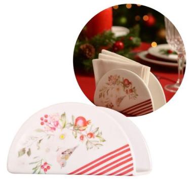 Imagem de Porta Guardanapo de Mesa Natalino Melamina Estampa Pássaros e Azevinho