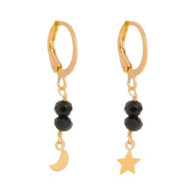 Imagem de Brinco argolinha perla cristais preto lua e estrela folheado a ouro 18