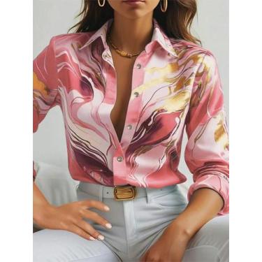 Imagem de Camisa Feminina Manga Longa com Estampa de Mármore - Botão Frontal - P