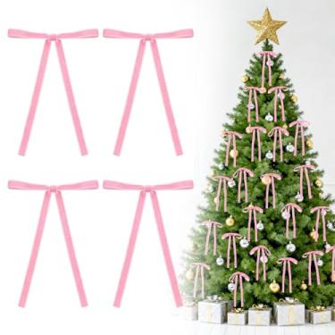 Imagem de MEWTOGO 24 peças de laços de veludo rosa para decoração de árvore de Natal - Ornamentos de veludo de 12,7 x 17,8 cm com gravata para guirlanda de Natal