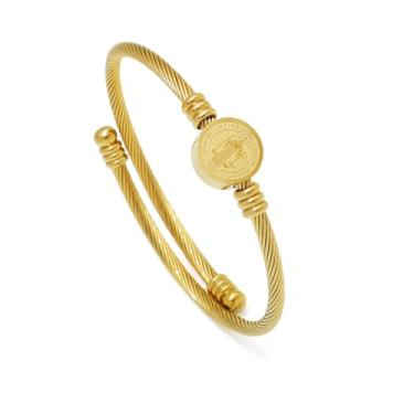 Imagem de KOMI Bracelete de São Bento para homens e mulheres banhado a ouro 18 quilates pulseira de aço inoxidável proteção católica joias religiosas presentes