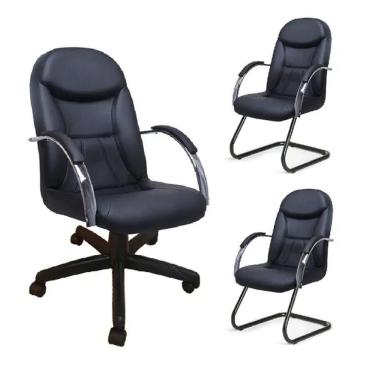 Imagem de Kit 3 Cadeiras Escritório Day Pretas 1 Giratória E 2 Fixas