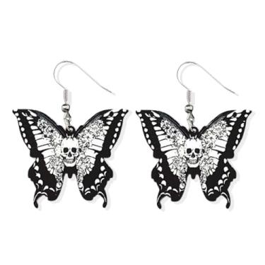 Imagem de Brincos Goth Black Butterfly Skull Drop para mulheres, homens, acrílico, festa de Halloween, crânio, borboleta, Moderate type, Metal, Sem pedra preciosa