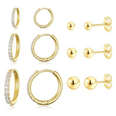 Imagem de Gemsme Brincos de argola de aço inoxidável cirúrgico 316L, banhado a ouro 18 K, conjunto hipoalergênico de zircônia cúbica para mulheres e homens, Aço inoxidável, Zircônia cúbica