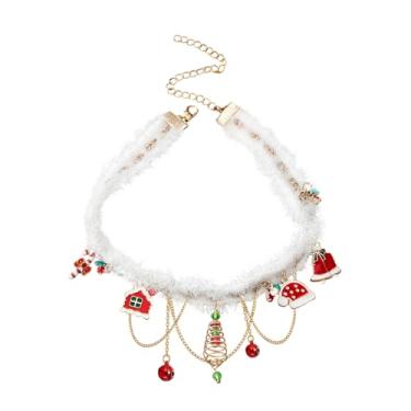 Imagem de NewZenro Colar gargantilha feminina com pingente de árvore de Natal com pingente de sino fofo esmaltado dourado branco fofo para festa de Natal, feriado, sua melhor amiga, ajustável