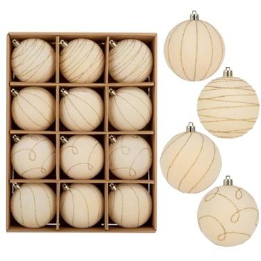 Imagem de Briful Enfeites de bola de Natal de 8,5 cm de veludo flocado – 12 peças de bolas de Natal bege, mistura de tons sólidos pintados e dourados – ornamentos de veludo inquebráveis para árvore de Natal e