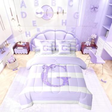 Imagem de Erosebridal Conjunto de edredom Queen com monograma, letra G, laço roxo, 7 peças, personalizado, com glitter, para quarto de meninas, adolescentes, mulheres, moderno, estético, listrado, conjunto de