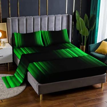 Imagem de Nttopship Jogo de cama de casal verde e preto, 4 peças, abstrato, ombré, com bolsos profundos de 41 cm, decoração de quarto ombré, abstrato, 4 peças (1 lençol + 1 lençol + 2 fronhas)