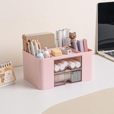 Imagem de Organizador de mesa com 2 gavetas, porta-cartões de plástico, para mesa, lápis, mesa, escritório, escola, casa, rosa
