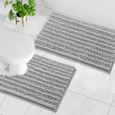 Imagem de Arotive Conjunto de 2 peças de tapetes de banheiro de chenille, tapete de banho felpudo absorvente extra macio e em forma de U, antiderrapante para lavagem à máquina e seco para banheiro, cinza claro