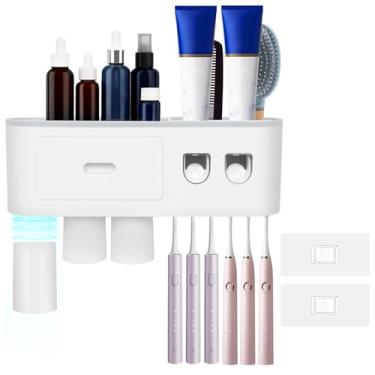 Imagem de Suportes de escova de dentes montados na parede, organizador de escova de dentes 2/3 xícaras com dispensadores automáticos de pasta de dente organizador de gaveta de cosméticos para casa (cinza, 3