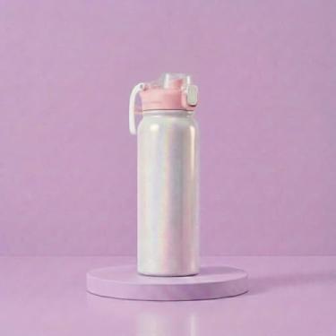 Imagem de Garrafa Térmica 550ml com Efeito Holográfico e Dupla Saída de Água | Canudo Retátil e Bico, Tampa Antivazamento e Alça