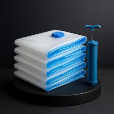 Imagem de Kit 5 Sacos a Vácuo Premium 50x60cm com Bomba Manual | Organizador para Roupas de Viagem, Edredom, Toalha, Cobertor | Saco Vacuo Reutilizável, Impermeável, Antimofo, Vedação Dupla e Fácil Uso