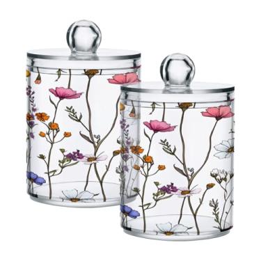 Imagem de Qilmy Qtip Suporte de 400 ml, frasco de plástico transparente para boticário de flores silvestres com tampa, dispensador de recipiente de banheiro para bola de algodão, cotonete, fio dental, pacote