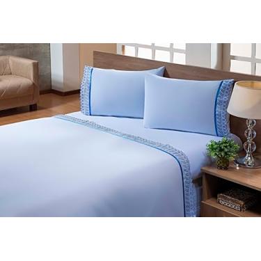 Imagem de Jogo Lençol 3 Peças Cama Solteiro King 188x108 100% Algodão Barrado em Lese (Azul, 30cm, 180)