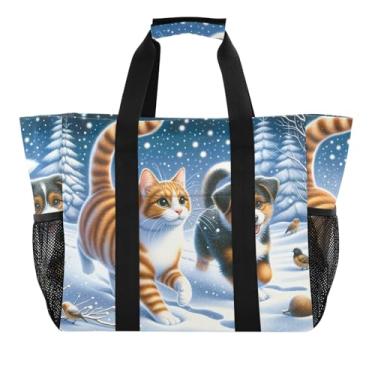 Imagem de ODAWA Sacola de praia dobrável impermeável à prova de areia para cães e gatos para o verão, bolsa de praia feminina à prova d'água, Cachorro e gato de inverno fofos, One Size