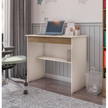 Imagem de Escrivaninha Compacta com Gaveta e Prateleira – Mesa para Home Office e Estudo (Off/Canela)