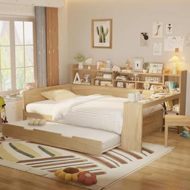 Imagem de Sofá-cama de madeira de tamanho completo com rodízio de tamanho duplo, moldura de cama multifuncional com mesa de estudo e prateleiras de armazenamento, sem necessidade de mola de caixa, resistente a