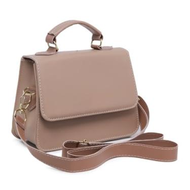 Imagem de Bolsa Feminina Elegante, Alça Transversal, Couro Sintético Preto, Detalhes Dourados, Estilo Clássico (Amendoa)