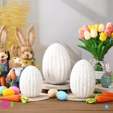 Imagem de Jenaai 3 peças de decoração de ovos de Páscoa, estátuas de resina branca, esculturas de ovos de travertino, mesa de centro de mesa neutra, casa de fazenda, decoração de interior, decorações de