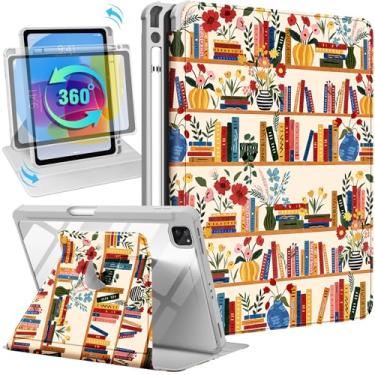 Imagem de Uppuppy Capa para iPad Air de 11 polegadas para iPad Pro de 11 polegadas - Capa inteligente com suporte giratório 360 com suporte para lápis para mulheres e meninas, estante de livros de flores para