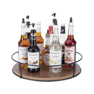 Imagem de Mowhut Organizador giratório de xarope de café, suporte de xarope de madeira para 6 garrafas, suporte de xaropes de metal para bancada, bandeja giratória para exibição de vinho, acessórios e itens