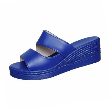 Imagem de Sandálias femininas plataforma peep toe sola grossa 5,5 cm salto casual slip-on para conforto de verão PU, Azul royal, 38
