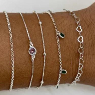 Imagem de Kit 5 Pulseira Infantil Criança Coração Bolinha Pedra Prata - Lojas La