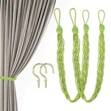Imagem de PATIKIL Laços de cortina de 58,4 cm, pacote com 2, amarradores trançados feitos à mão, adorável e versátil corda de retenção com gancho para cortinas, cortinas de parede, janela, verde