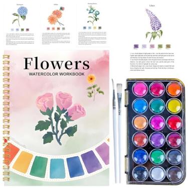 Imagem de Livro de atividades em aquarela, flores de primavera, livro de colorir com 18 cores, tutorial, tutorial, pintura livro, kit de viagem, kit de pintura para adultos, artistas iniciantes