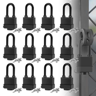 Imagem de Pacote com 12 cadeados impermeáveis para ambientes externos com 24 chaves, cadeado de segurança de aço laminado seguro de 40 mm, resistente a cortes e impactos, segurança extra para armários de