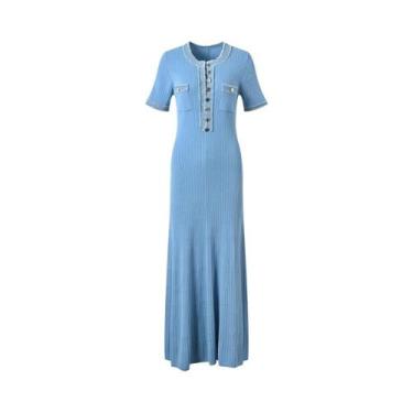 Imagem de Vestido Maxi Elegante Feminino Em Tricô Com Contraste, Decote Redondo,