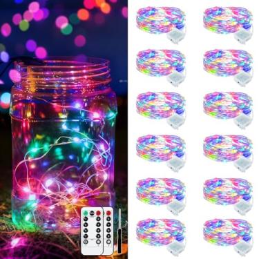 Imagem de Yooumoga Pacote com 12 luzes de fadas alimentadas por bateria com controle remoto e temporizador, 8 modos de iluminação, mini luzes de 20 LEDs para potes de pedreiro, árvores de Natal, festas e