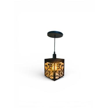 Imagem de Lustre Pendente de Teto com Design de Flores, MDF 3mm, Preto, 15x12 cm