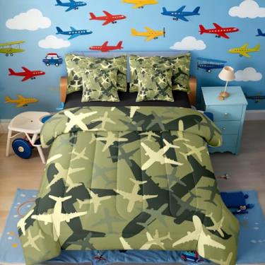 Imagem de Erosebridal Jogo de cama de casal de avião verde com 7 peças, camuflagem, avião, camuflagem, militar, para crianças e adultos