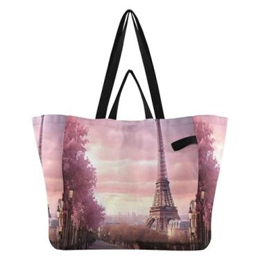 Imagem de SEHANY Sacola de compras reutilizável da Torre Eiffel de Paris com alças reforçadas, bolsa de compras de lona dobrável à prova d'água de grande capacidade para viagem, cozinha, praia
