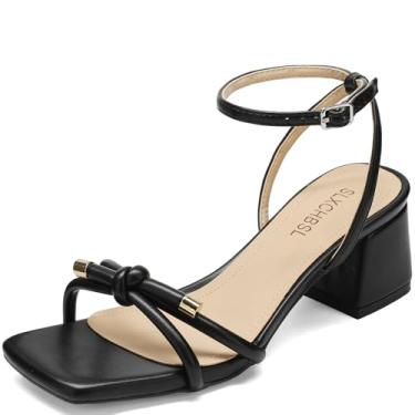 Imagem de SLXCHBSL Sandália feminina salto bloco bico quadrado design nó fivela no tornozelo elegante bico aberto salto baixo 5 cm sandálias para festa de casamento, Preto, 38