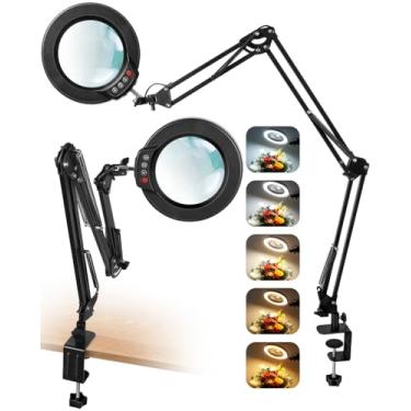 Imagem de Lupa de 10 x com luz e grampo, lâmpada de mesa de LED de braço oscilante de 3 seções, lente de vidro real, 5 modos de cor regulável, lupa iluminada com mãos livres com suporte para reparo, artesanato